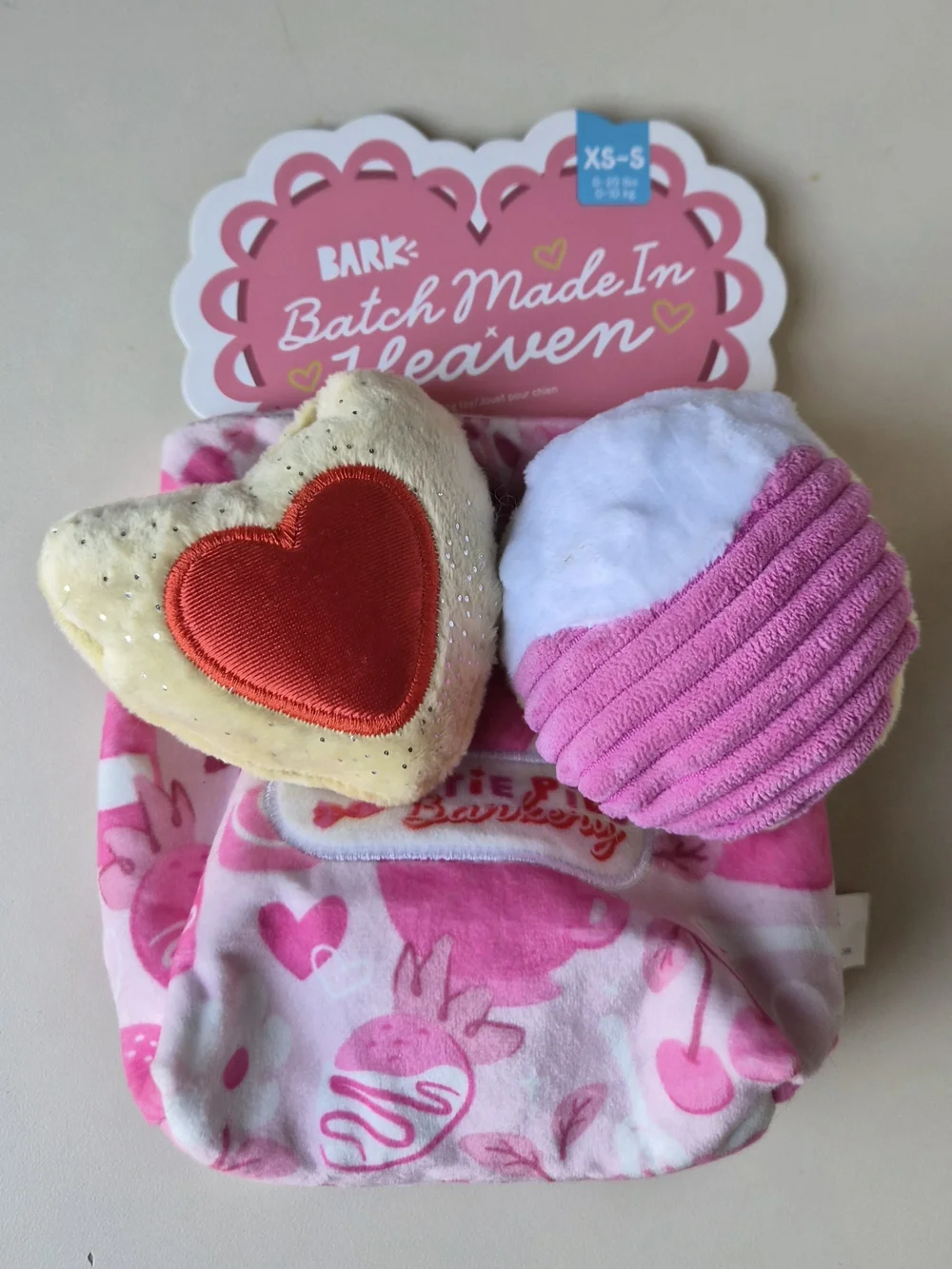 Bark 3-Piece Crinkle & Squeak Heart and Cupcake Plush Dog Toy Set
